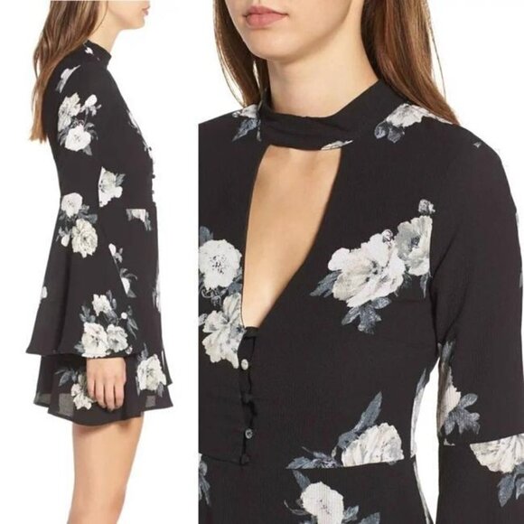 Socialite Black Harper Bell Sleeve Cocktail Dress Floral.  Size small - Picture 1 of 11